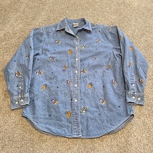 Disney Store Mickey And Friends Denim Embroidered Long Sleeve Button Down Shirt